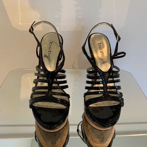 Bebe Black Patent Leather Platform Wedge Sandals